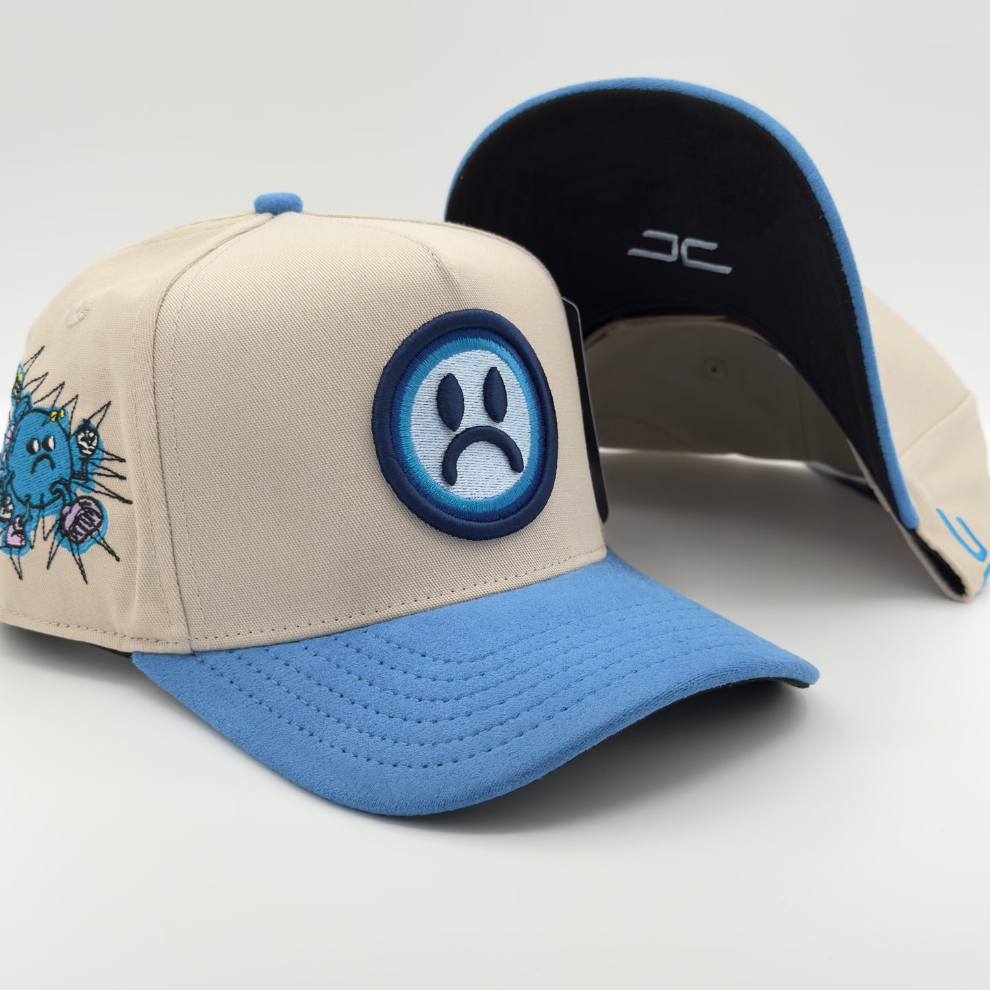 Beautiful Disaster Beige/Blue Sad Face Semi-Curved Cap