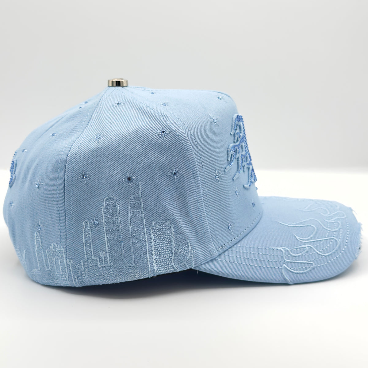 Blue LA Diamonded Flames Semi-Curved Cap