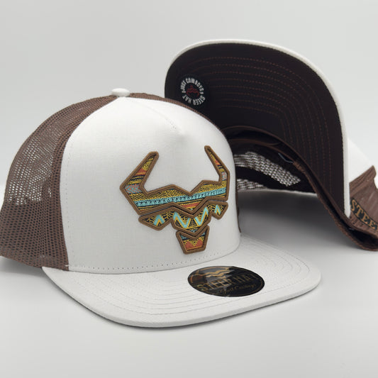 White/Dark Brown Steer Mesh Flat Cap