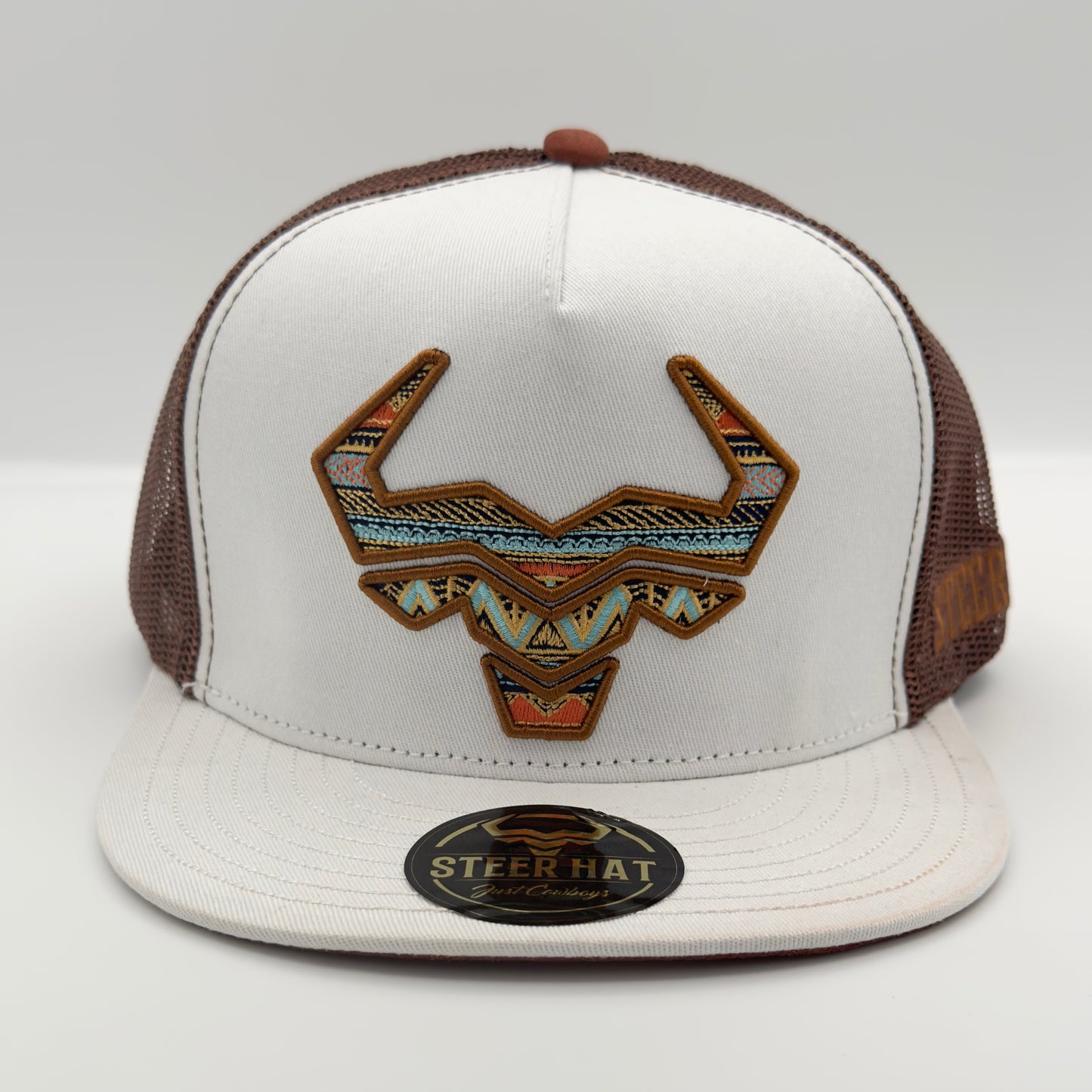White/Light Brown Steer Mesh Flat Cap