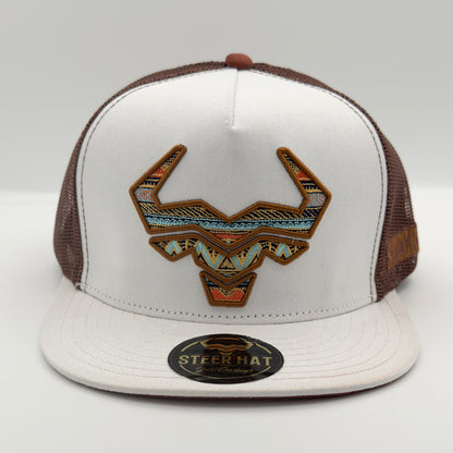 White/Light Brown Steer Mesh Flat Cap