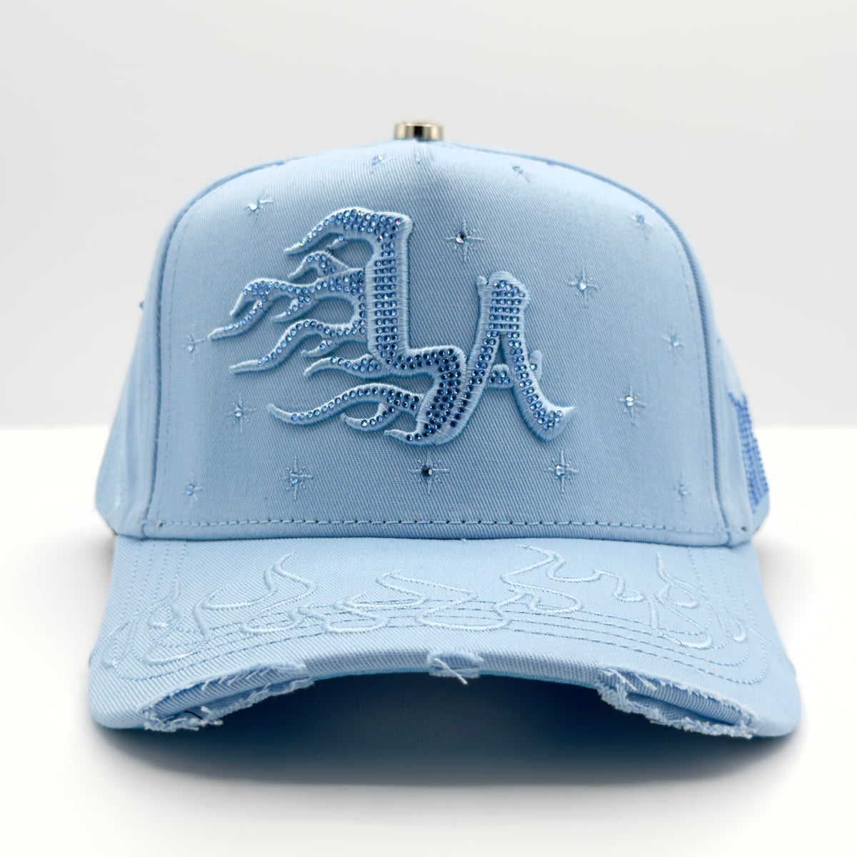 Blue LA Diamonded Flames Semi-Curved Cap