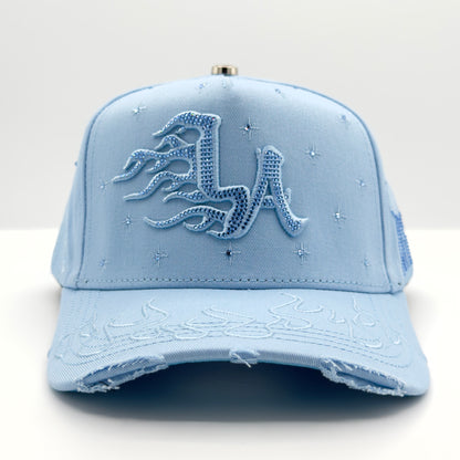 Blue LA Diamonded Flames Semi-Curved Cap