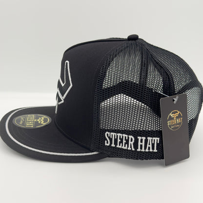 Black/White Steer Mesh Flat Cap