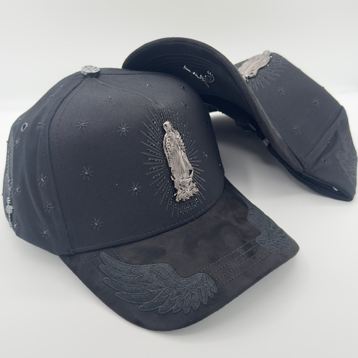 Black/Gray Virgencita Diamonded Luxury Elegant Semi-Curved Cap