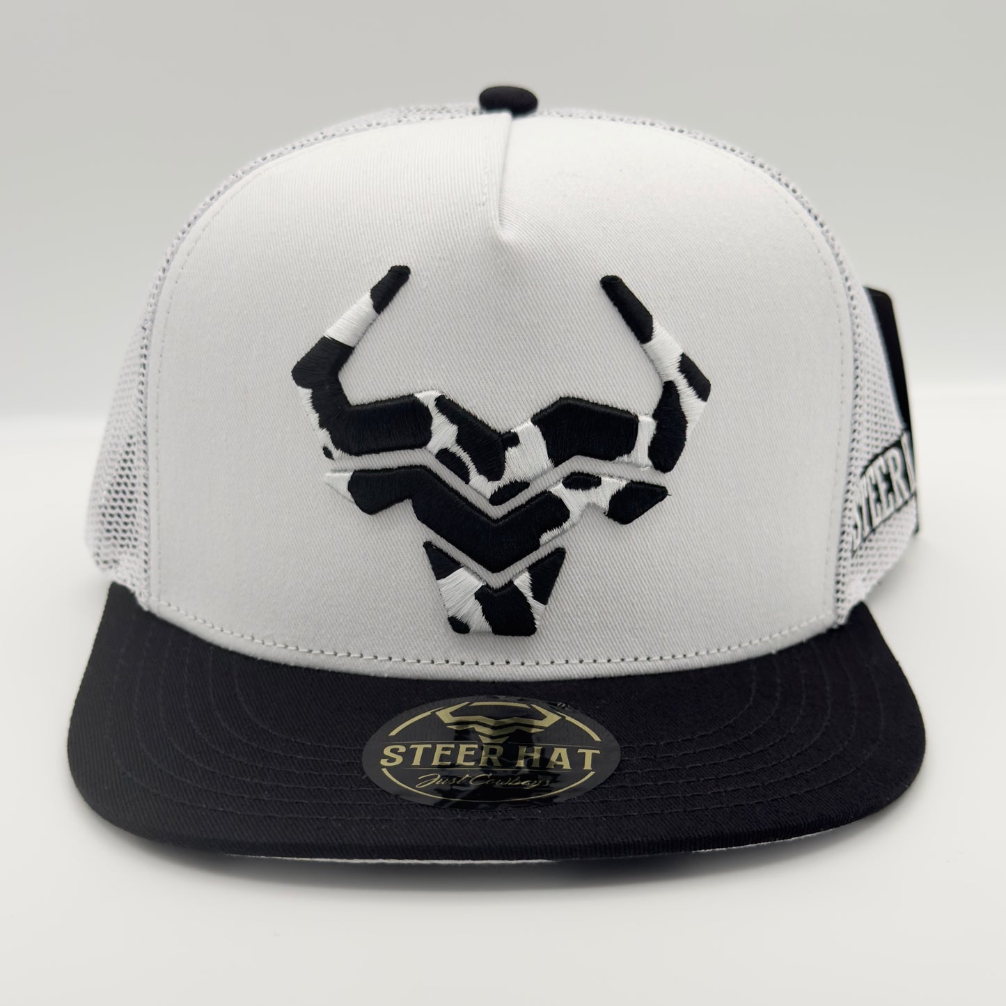 White/Black Spotted Steer Mesh Flat Cap