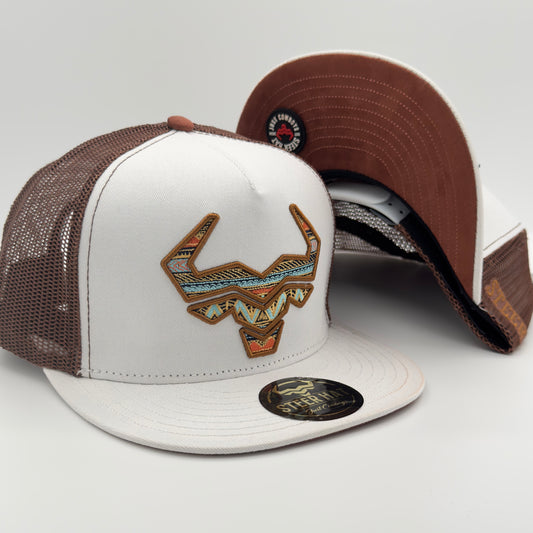 White/Light Brown Steer Mesh Flat Cap
