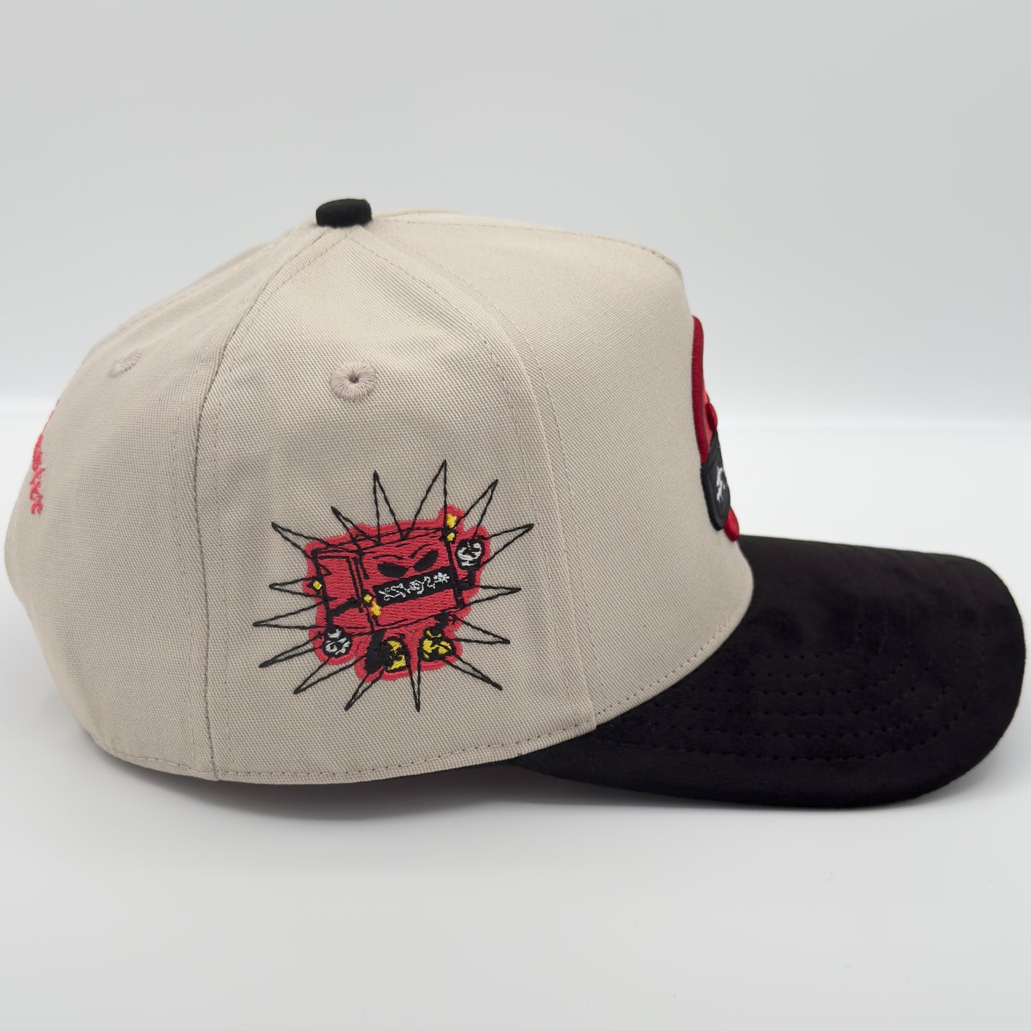 Beige/Red Angry Face Semi-Curved Cap