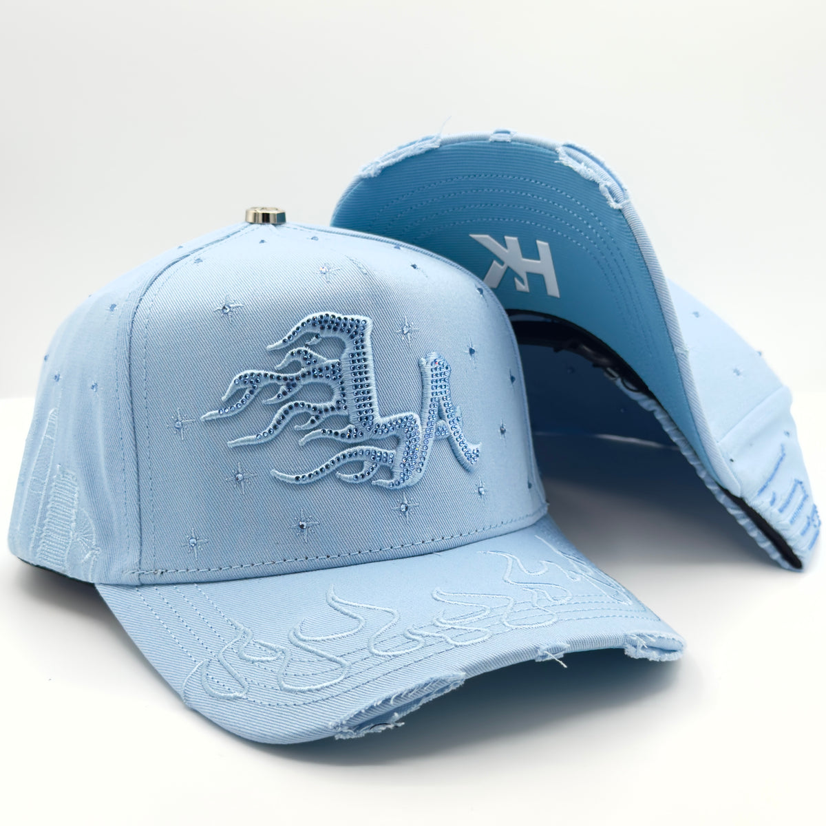 Blue LA Diamonded Flames Semi-Curved Cap