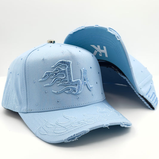 Blue LA Diamonded Flames Semi-Curved Cap