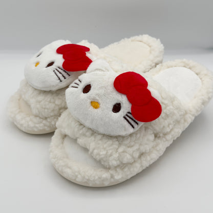 White Vanilla Fluffy Hello Kitty Slippers