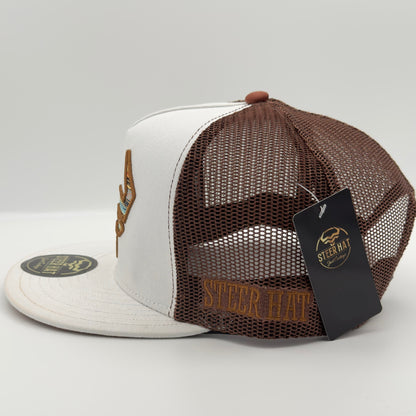 White/Light Brown Steer Mesh Flat Cap