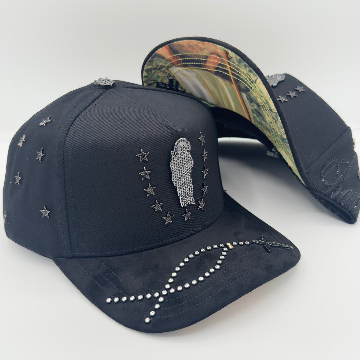 NEW Gray San Judas Luxury Diamonded Pins Semi-Curved Cap