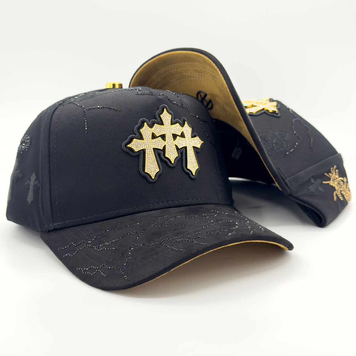 Three Golden Crosses Diamonded Lines Luxury Cap